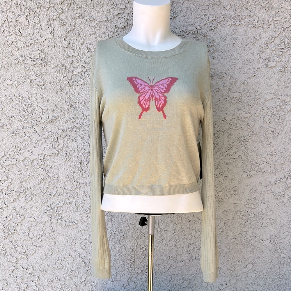 Sage Green Ribbed Knit Long Sleeve Butterfly Graphic Women's Crop Top NWT Large